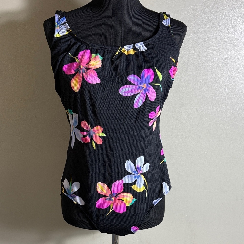 Longitude One Piece Racerback Swimsuit Black with Multicolor Flowers Sz 16